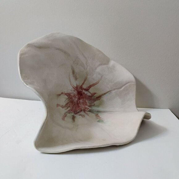 Handcrafted Art Pottery Flower Centerpiece Bowl, Decorative Ceramic White Pink - Picture 8 of 11